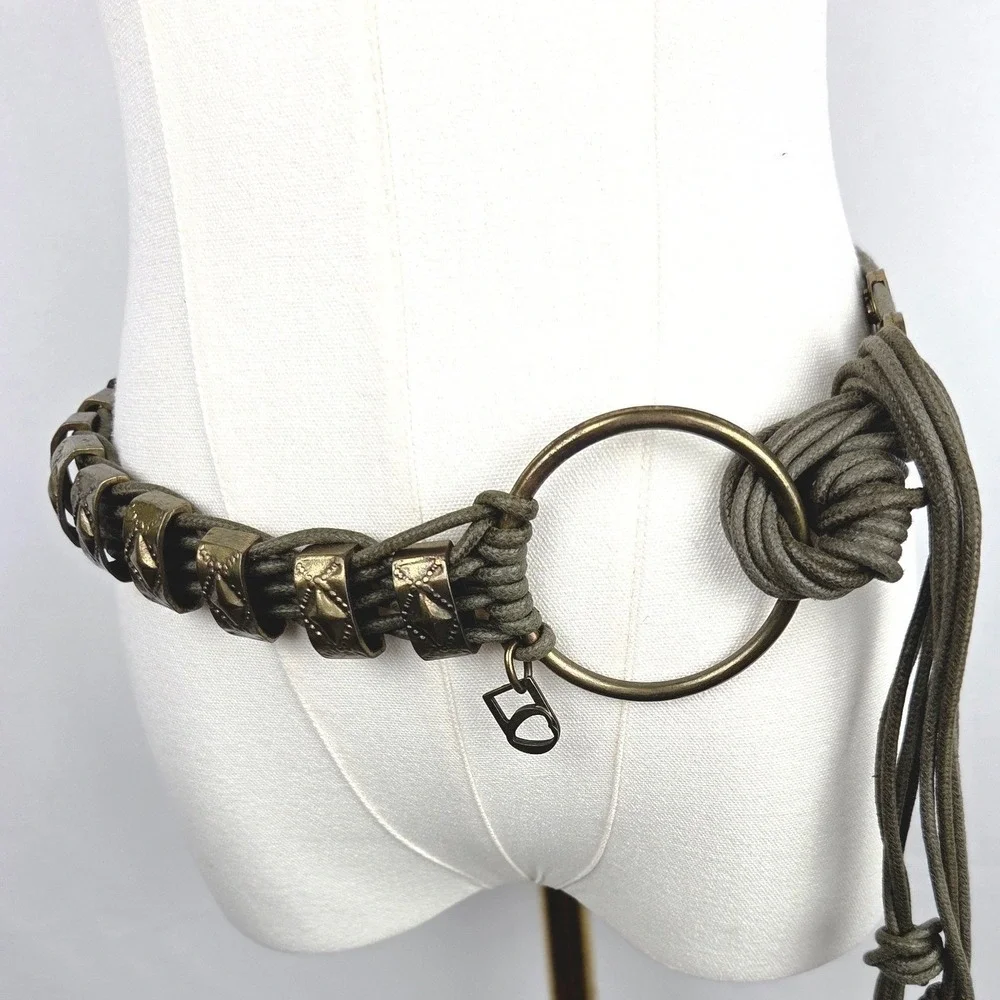 Unbranded Rope Cord Belt OS Olive Green Brass Boho Tribal Multi Strand Tie Wrap
